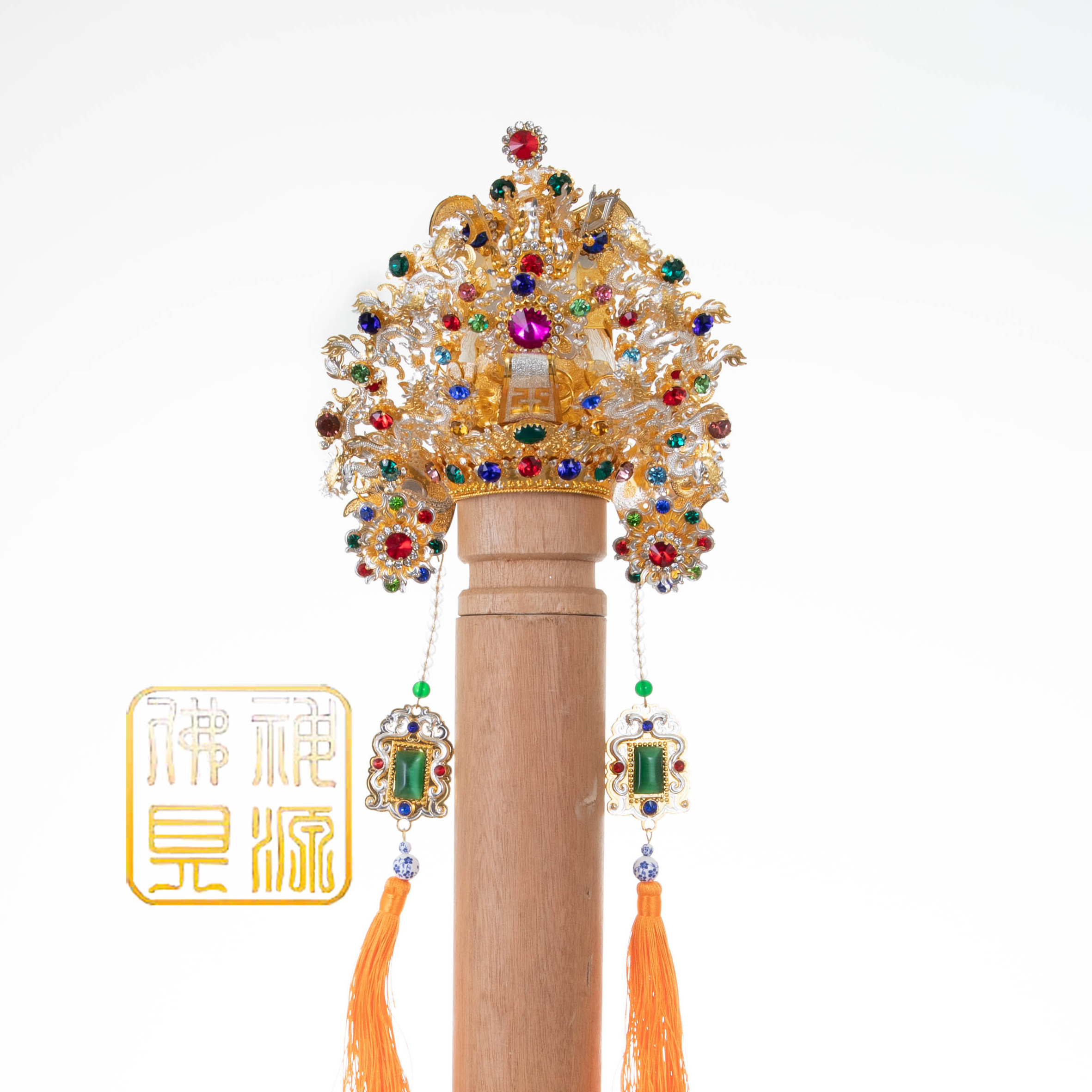 銅帽雙色關公帽7寸水鑽(鼎)  |神明帽|關公帽